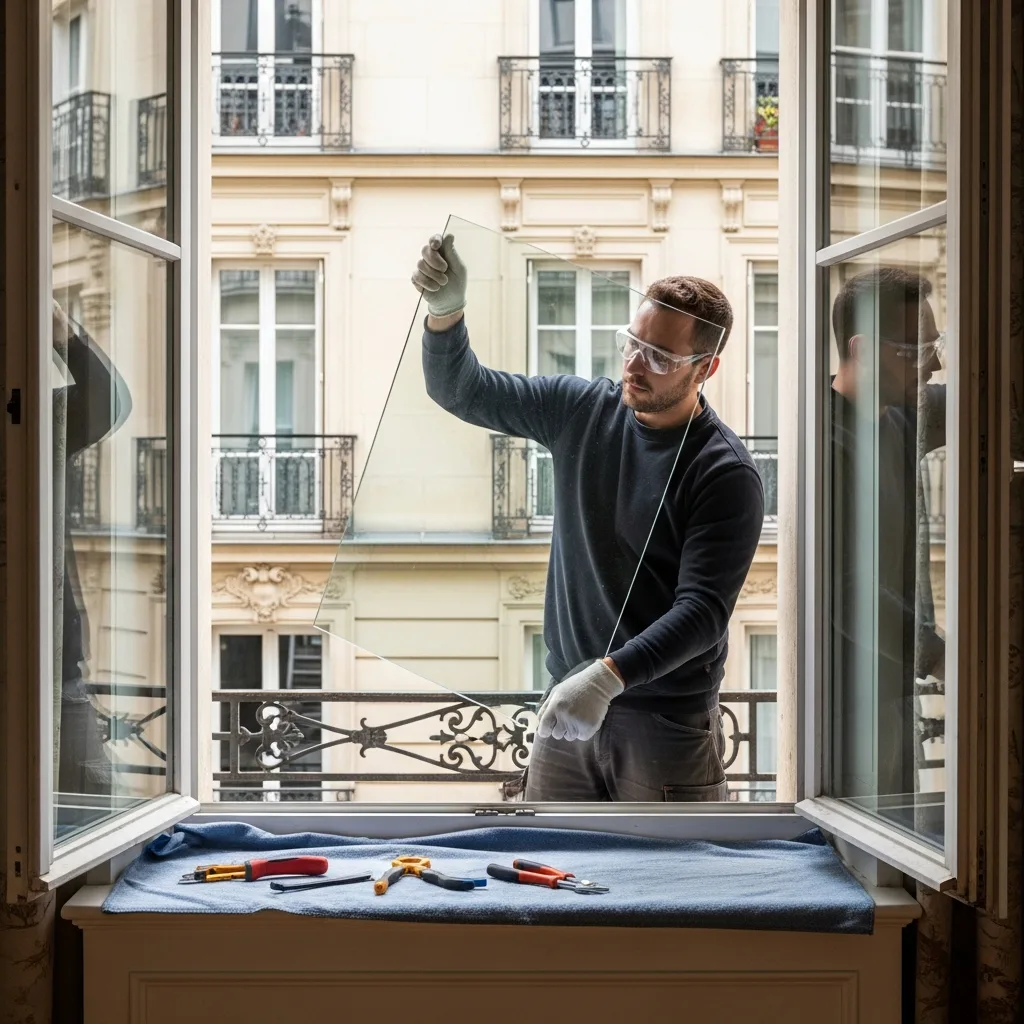 Vitrier remplaçant une vitre à Villetaneuse