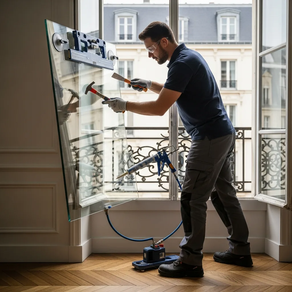 Vitrier remplaçant une vitre à Villiers-Saint-Georges
