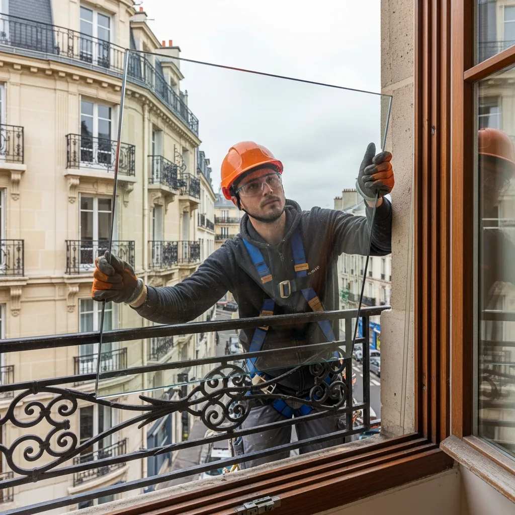 Vitrier remplaçant une vitre à Villiers-sur-Marne