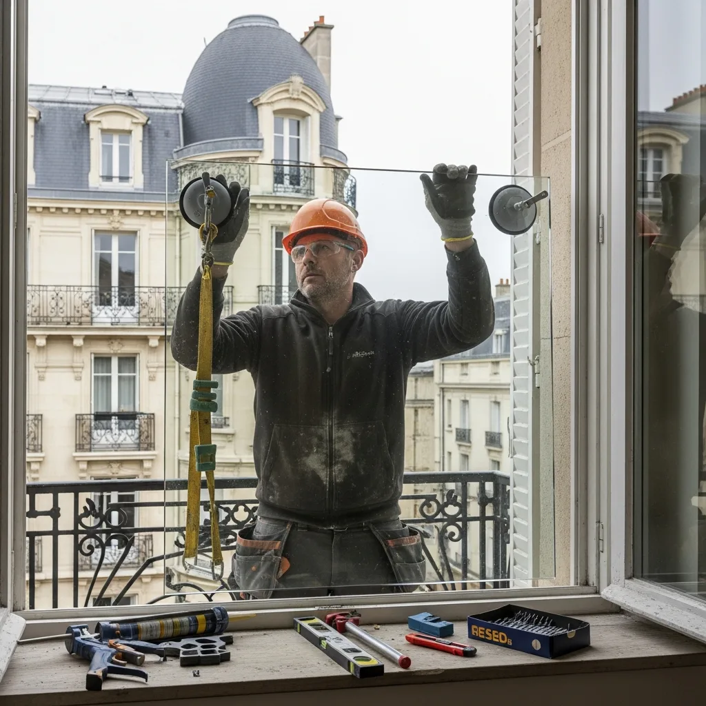 Vitrier remplaçant une vitre à Viroflay