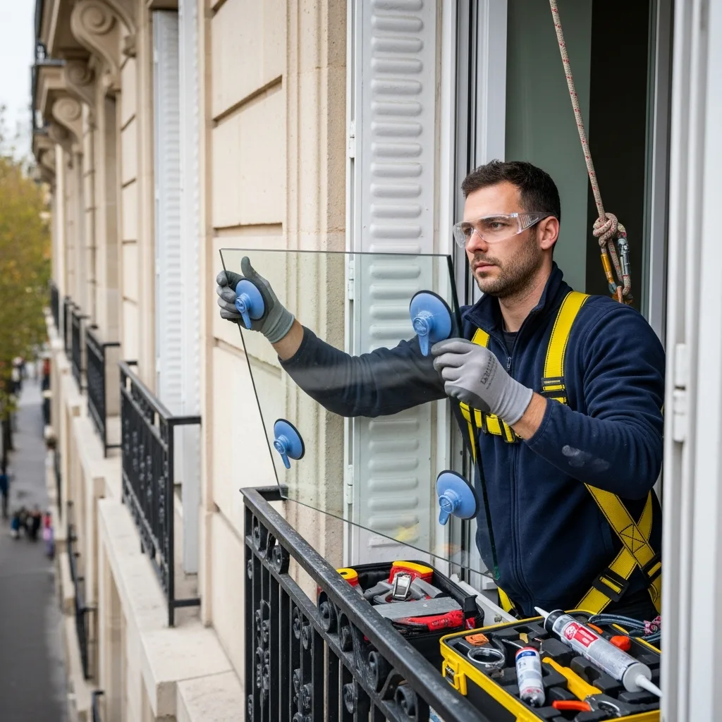 Vitrier remplaçant une vitre à Yerres