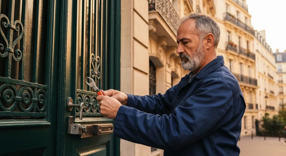 Serrurier ouvrant une porte avec des outils professionnels