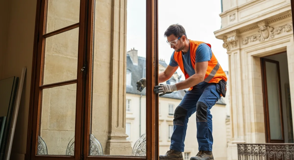 Vitrier posant un panneau de verre sur un immeuble